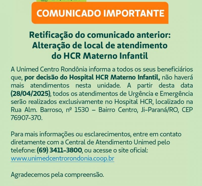 COMUNICADO IMPORTANTE - MUDANÇA DE ATENDIMENTO INFANTIL HOSPITAL HCR